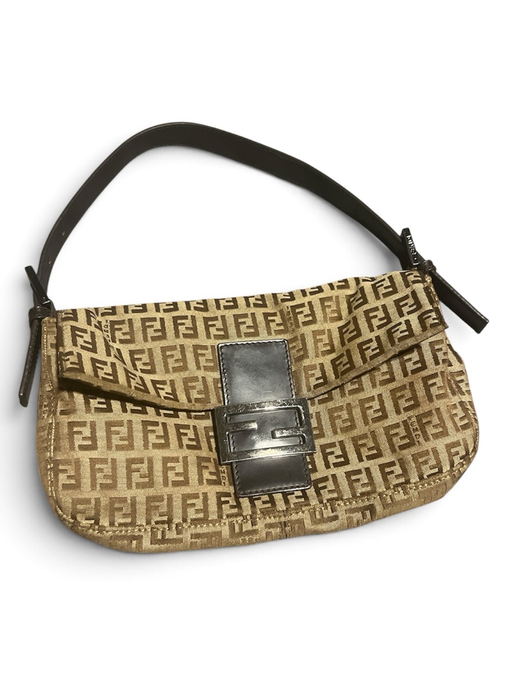 Fendi Beige Brown FF Canvas Shoulder Bag with Dark Leather Strap